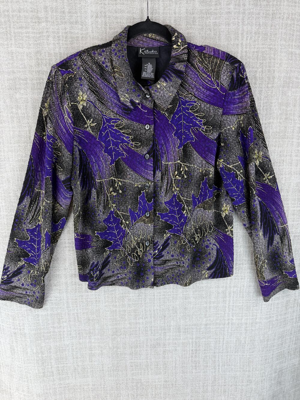 K Studio Collection Jacket Womens 16 Purple Collared Lined Velvet Floral